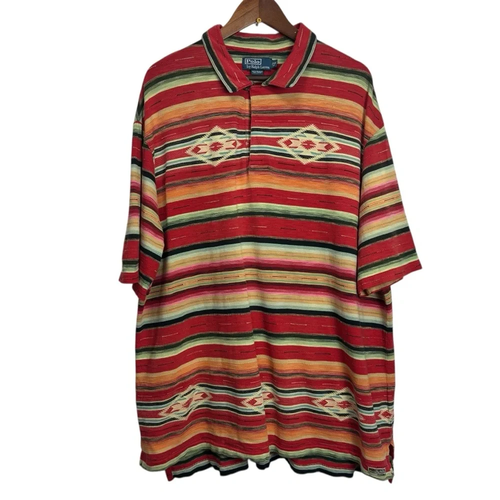 Polo Ralph Lauren Polo Red Stripe Western Aztec Custom Indian VTG Shirt 2XB